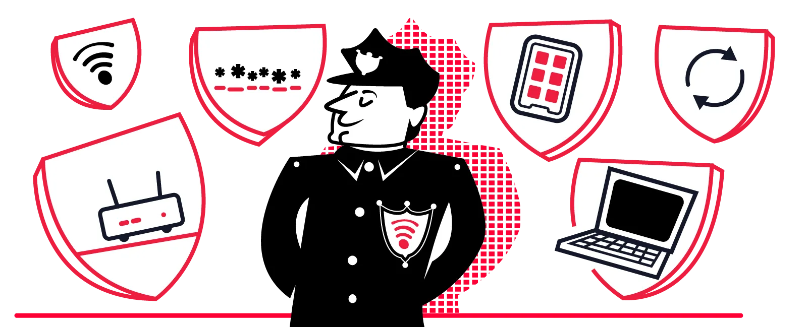 A cartoon security officer standing proudly surrounded by protective shields displaying icons for Wi-Fi, passwords, mobile devices, routers, and laptops.